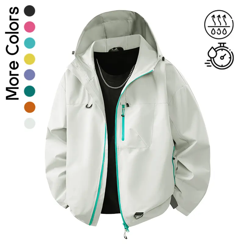 Men’s multicolor lightweight hooded outdoor jacket, wind-resistant, splashproof, breathable zip-up windbreaker with multiple pockets; versatile outerwear suitable for mountaineering, hiking, camping, cycling, road trips, and everyday casual wear