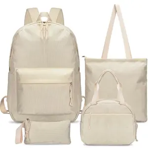 4 Pcs Corduroy Backpack Set with Lunch Bag Shoulder Bag and Pencil Case