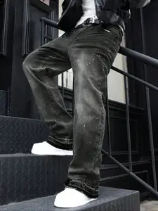 Men's Tight-Fit Classic Denim Jeans, Washed Cotton Street Style Streetwear Pants, Button Fly Closure, Plain Pattern, All Season Wear