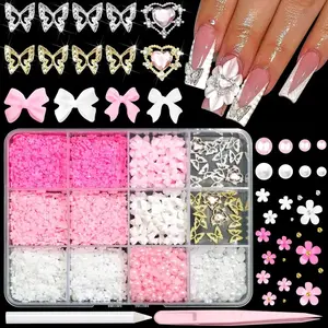 1000PCS Flowers Nail Charms 3D Alloy Butterfly Bow Nail Charms Pink&White Star Heart Moon Pearls Beads Nail Charms Cute Nail Jewels for Nail Art DIY Crafts with Picker Pencil and Tweezer