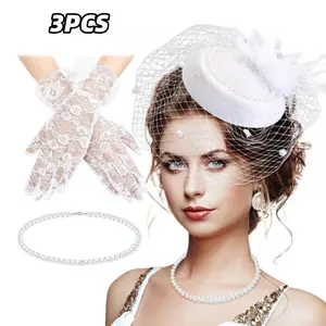 3 PCS Fascinator Hat for Women Tea Party Hat with Veil Feather Funeral Headpiece Lace Gloves Pearl Necklace  for Wedding Bridal