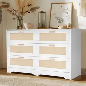 【JOYVELLEHEIM】 Boho Rattan 6-Drawer Vanity Bedroom Dresser, Wooden Makeup Vanity Desk Organizer with Metal Handles, White-Brown Dual Colors, Large-Capacity Storage Furniture for Small Apartments modern cabinet