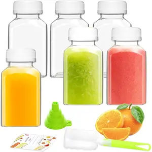 Plastic Juice Bottles,  Juice Containers with White Tamper Proof , Brush, Funnel and Labels, Clear Juice Containers for Juicing, Smoothie and Homemade Beverages (6PCS 4oz)