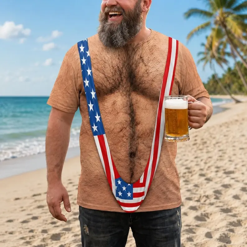 3D Hairy Body Swimsuit Costume Shirt, Funny All Over Print Patriotic Mankini Tee, USA Flag Costume Shirt, 4th of July Gag Gift for Men, Abs Men Shirt