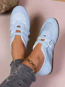Summer Light Blue Velcro Casual Athletic Trainer Shoes for Women, Soft Bottom Breathable Training Shoes, One-Click Slip-On Flat Single Shoe, Casual Trainers, Walking Shoes