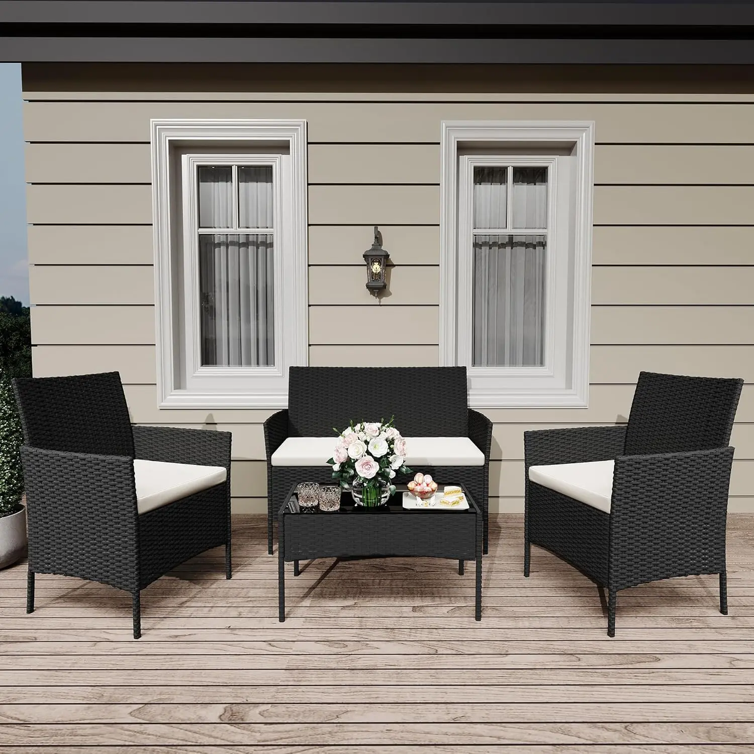 Sturdy Rattan 4-Piece Modern Outdoor Patio Furniture Set - Waterproof Upholstered Sofa, 2 Chairs, Coffee Table - Versatile Lawn, Balcony Porch Furniture Set