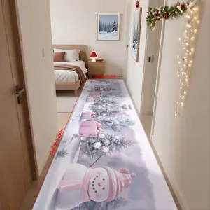 Cute Snowman Pattern Crystal Velvet Rug, Soft Polyester Home Decor Carpet, Easy Clean Washable Long Strip Mat for Porch RV Garden