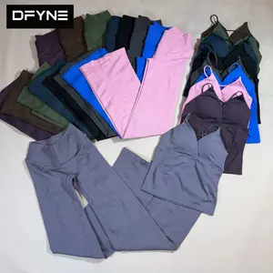 (With Logo) DFYNE 2026 New Crossover Vest & Micro Flare Pants Set – Seamless Front Cross Breathable Yoga Suit