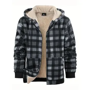 Men's Heavyweight Fleece Hooded Jacket - Full-Zip Sherpa Lining, Thick Winter Coat with Plaid Pattern (Blue/Black/Beige/Brown), Zippered Pockets, Hand Washable, Casual Outerwear for Cold Weather & Everyday Use - Ideal for Skiing, Snowboarding, Work - Flan