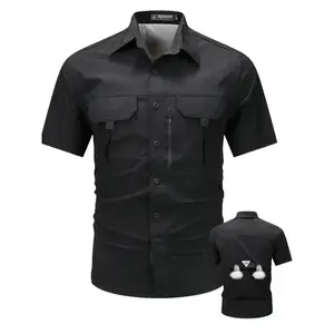 Men'S Summer Casual Cargo Shirt, Nylon 92% Spandex 8% Blend, Short Sleeve, Lapel Collar, Single Breasted, Breathable Stretch Fabric, Solid Color, Big-tall Fit, with Flap Pockets, Outdoor Activities - 120g/m2 Woven Menswear Top
