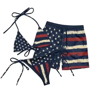 Matching Couple Swimwear Set 4th of July, Distressed USA Flag Stars Stripes Bikini & Mesh Shorts, Gift for Couples