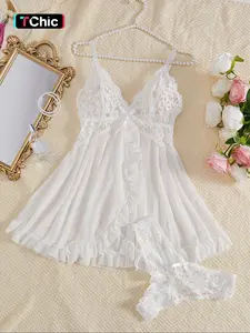 Loungewear set Women's Sexy Lingerie Set, Mesh Robe with Straps, Ideal for Home & Hotel, Perfect Valentine's Gift, Elegant Sheer Print Design Underwear