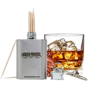 Licker Pickers Toothpicks Bourbon Pecan Flavored All White Birchwood Toothpicks-25 Liquor-Infused Picks with Bonus 2oz stainless steel Flask