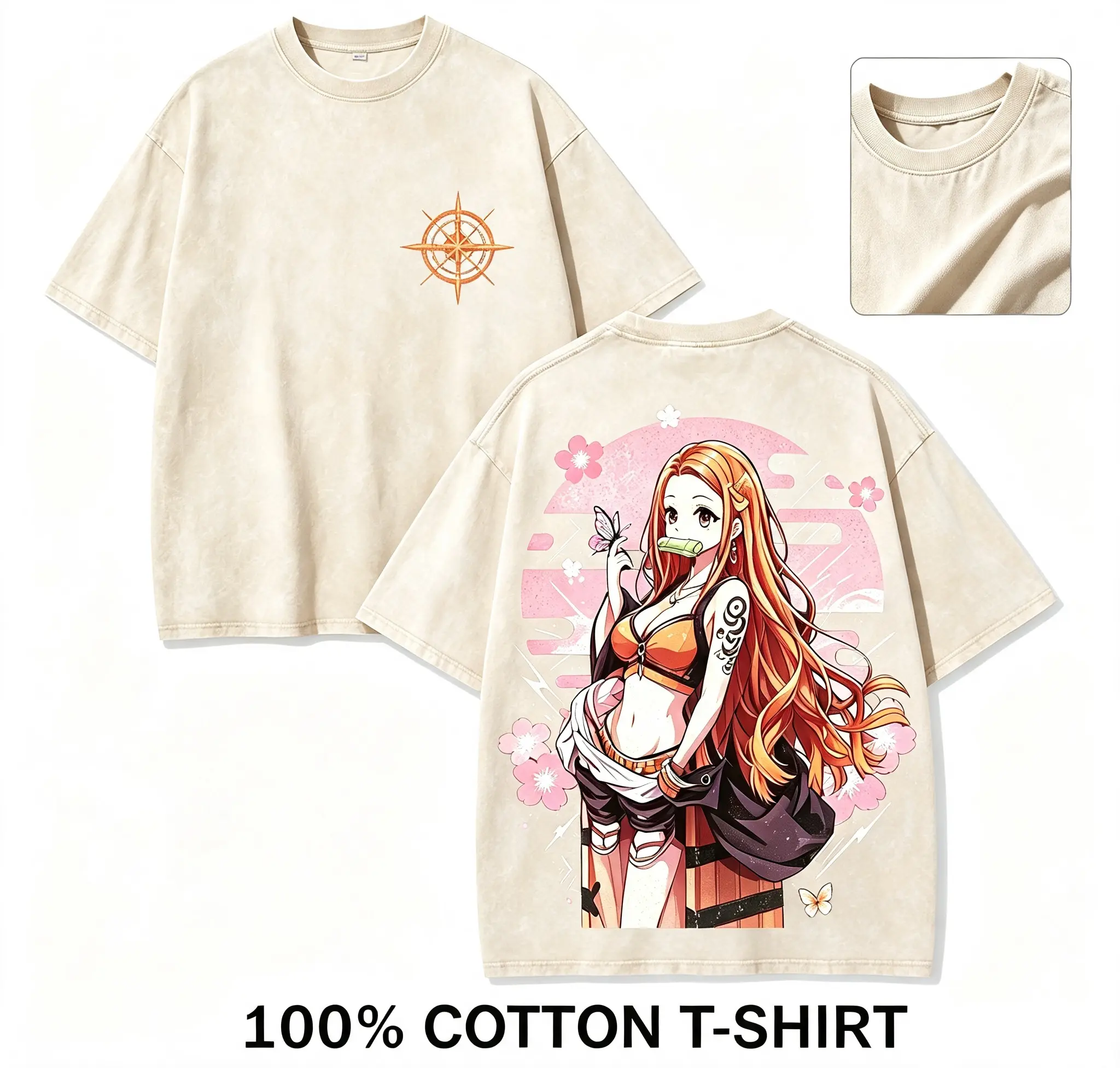 Men's 1 Piece Nami Vintage Washed 100% Cotton Oversized Crew Neck Graphic Tee - Unisex Streetwear Top with Front Compass Symbol & Back Sakura Nami Art Print for Everyday Casual Wear