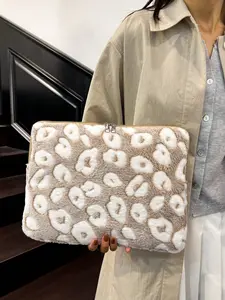 Minimalist Solid Color Luxury Faux Fur Laptop Tablet Sleeve, Multi-Size Soft Plush Protective Case with Zipper Closure, Beige Brown and Cream Leopard Spot Pattern