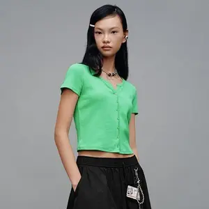 URBAN REVIVO Women's Cotton Blend Skinny-Fitting Blouse - Everyday Basic Streetwear, Scoop Neck, Button-Up Sleeve, Minimalist 2026 Spring T-Shirt Clothes with Soft Fabric
