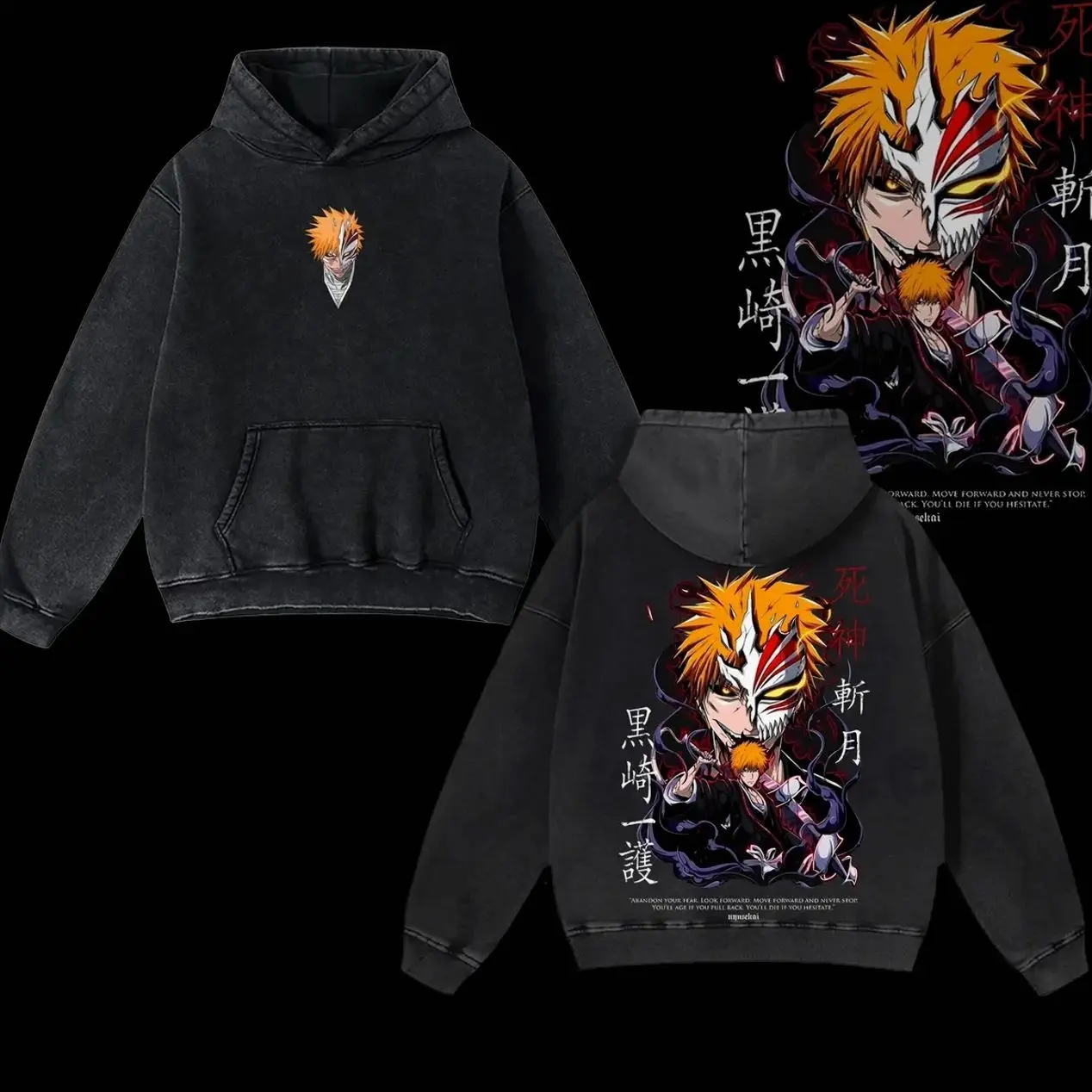 Ichigo Kurosaki Bankai Hoodie, Bleach Hoodie, Anime Double Printed Oversize Lightweight Acid Washed Hoodie, Gift For anime lover, anime merch graphic Hoodies Cotton Fabric EHZ