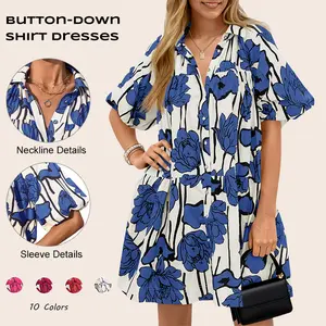 Imily Bela Women's Floral Summer Dress - Puff Sleeve Button-Down Shirt Dress, Casual Loose Fit Mini Dress for Beach Blue Womenswear summer outfits beach outfits prom dress women's clothing rose dress
