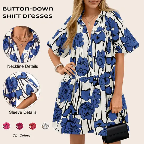Imily Bela Women's Floral Summer Dress - Puff Sleeve Button-Down Shirt Dress, Casual Loose Fit Mini Dress for Beach Blue Womenswear summer outfits beach outfits prom dress women's clothing rose dress
