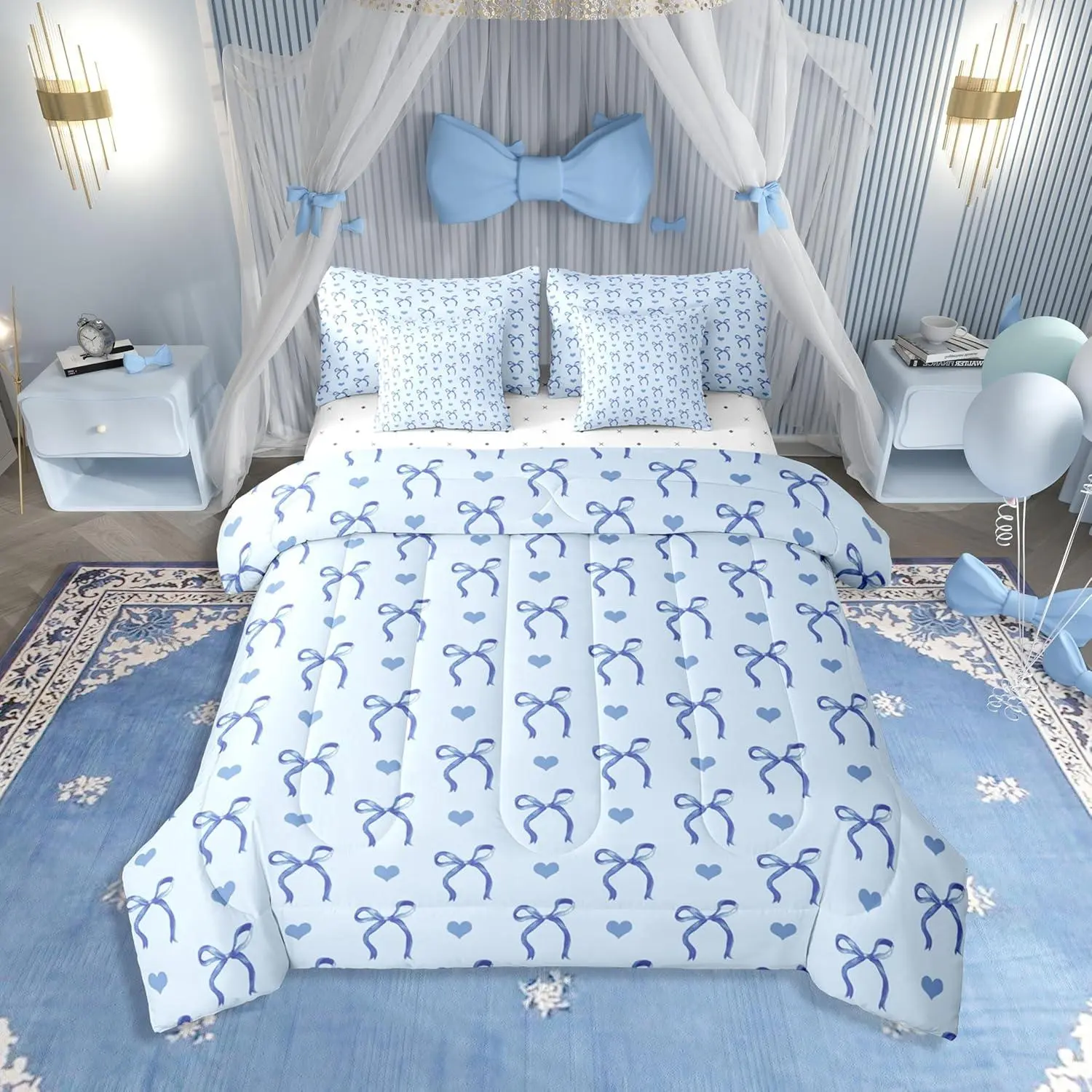 Feelyou 7-Piece Blue Love Heart Bowknot Bedding Set - Breathable Quilt, Heart Shaped Fluffy Blanket, Ribbon Kawaii Soft Bedding, Girly Women's Bedroom Decor, Heart Shaped Blanket