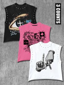 Casual Sports Fitness Workout Vest Set, Rivet Design Trendy Print, Sleeveless Vests for Spring Summer, Unisex Streetwear, 3 Piece Set, Yoga Workout Vest