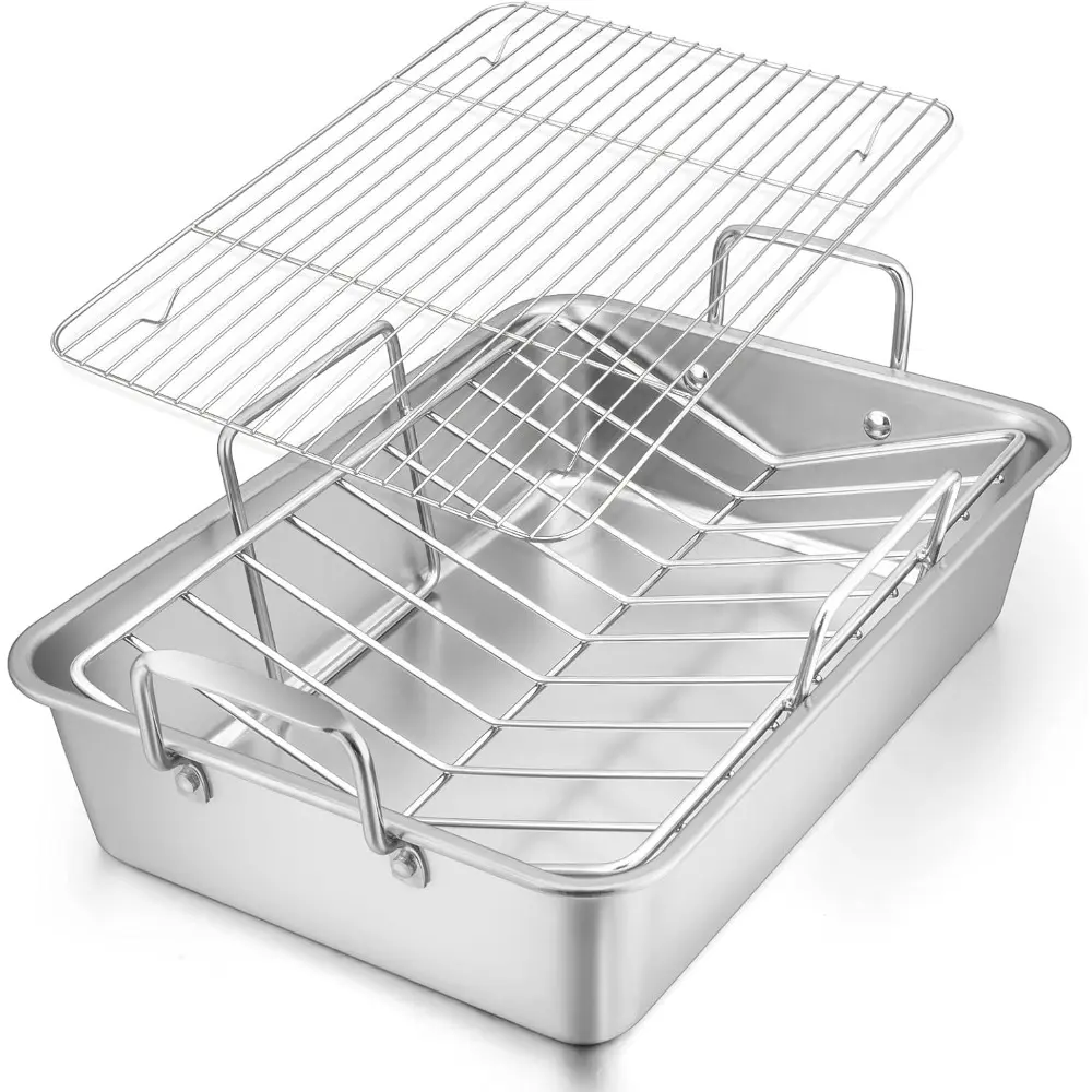16x11.5 Inch Sturdy Stainless Steel Turkey Roasting Pan (Bakeware) with V-Shaped & Flat Metal Racks, Heavy-Duty Deep Oven-Safe Broiling Pan with Handles, Non-Toxic, Dishwasher-Safe Large Roaster