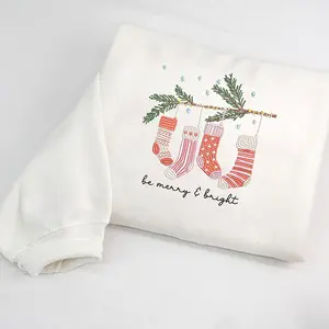 Embroidered Christmas Stocking Sweatshirt, Be Merry & Bright Holiday Crewneck, Festive Embroidered Sweater with Cozy Stocking Design, Cute Winter Gift for Her