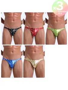 2/3/4 Pcs Random Color Men's Faux Leather Printed Thong Briefs, Star Sequin, U-Pouch Design, Breathable & Comfortable, For Party & Pool, Underwear