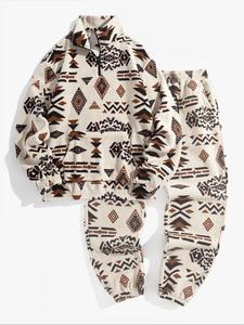 men's ethnic pattern zip up hooded sweatshirt & pants two-piece set, casual long sleeve collar top & pocket trousers for fall & winter, men's two-piece outfits for daily wear, clothing set