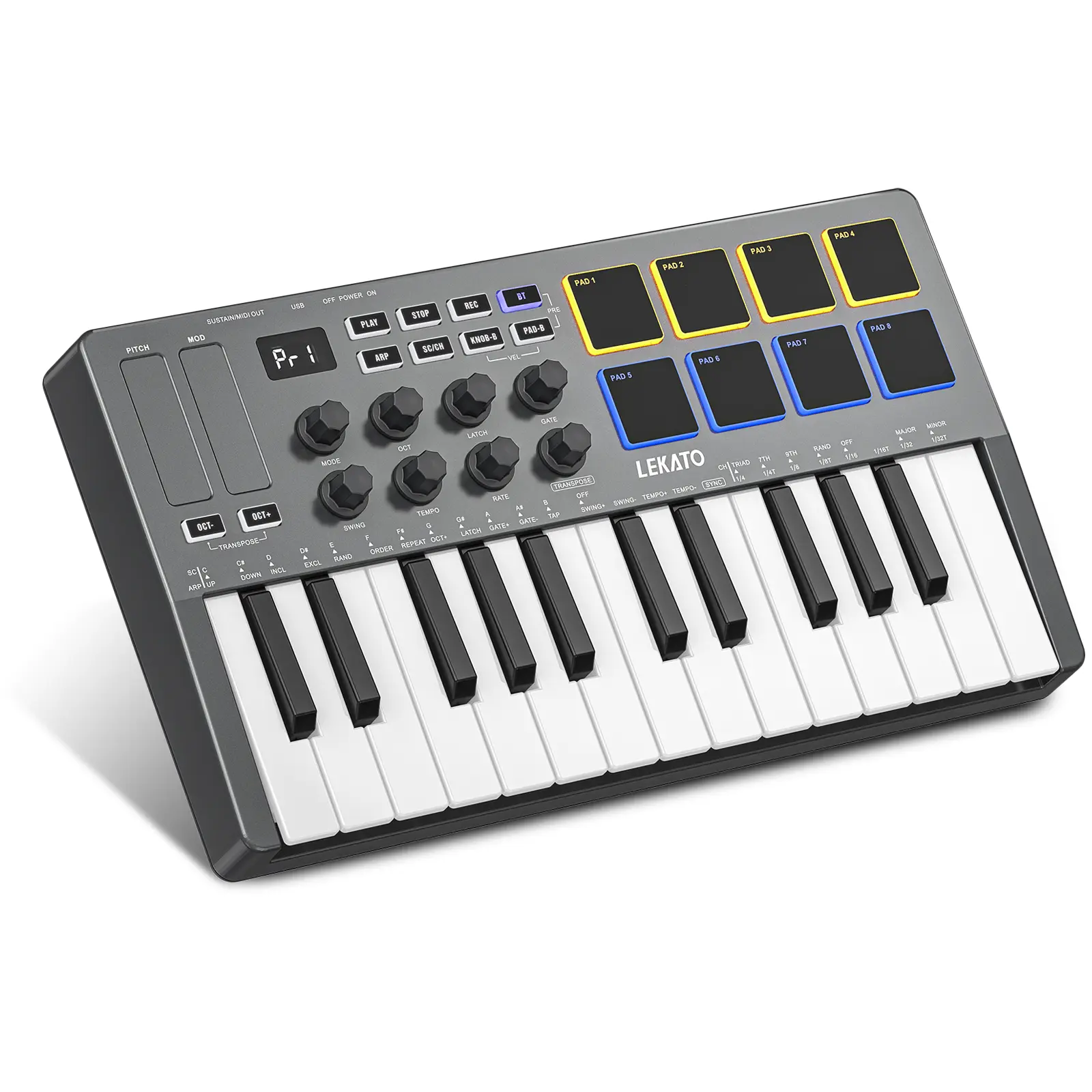 LEKATO SMK-25 Key USB MIDI Keyboard Controller With 8 Backlit Drum Pads, Bluetooth Semi Weighted Dynamic Keybed 8 Knobs and Music Production, Smart Scales, Chords, Software Included