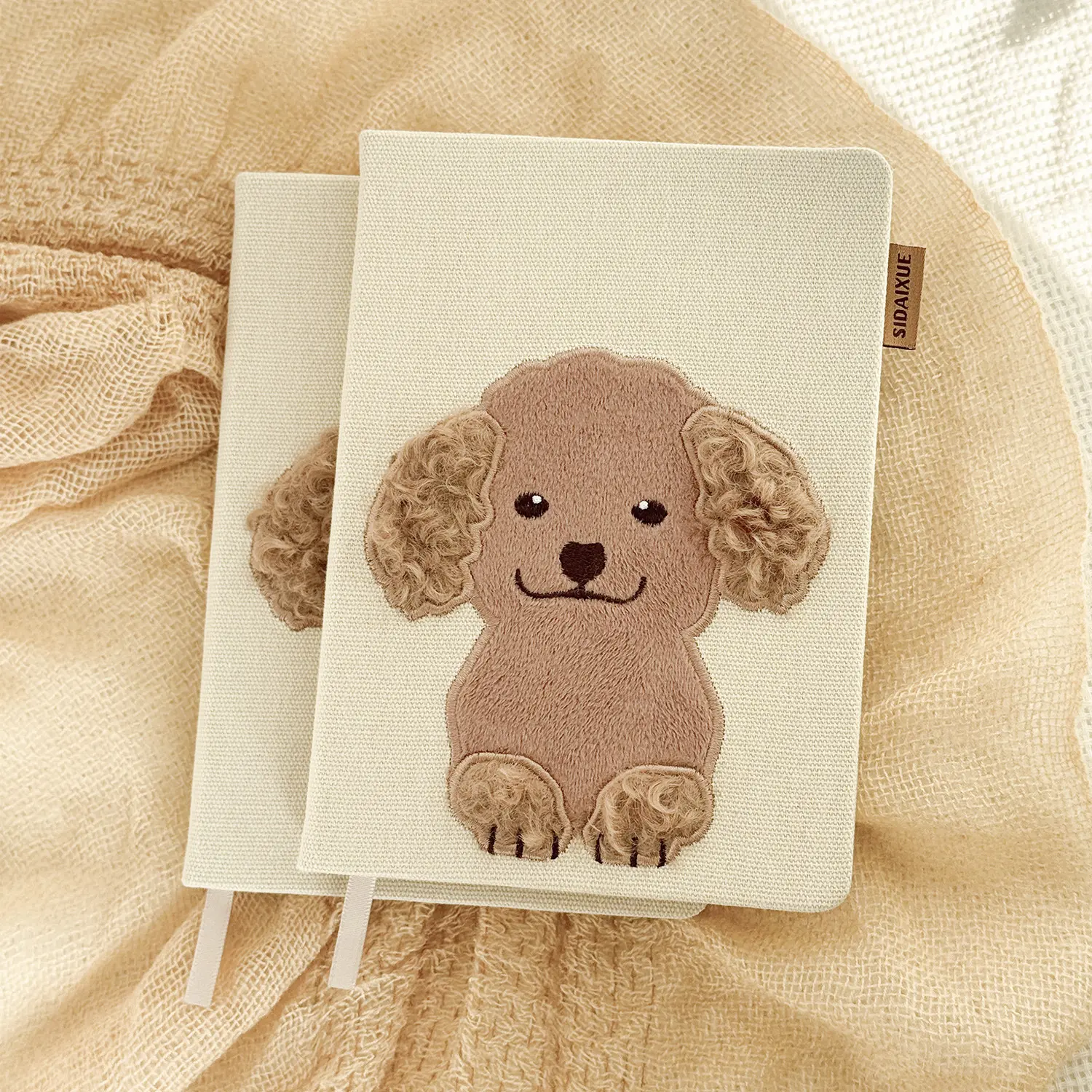 Fabric embroidery notebook/notepad with cartoon dog design; embroidered towel craft; cute notepad gift item