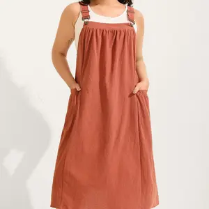 【Summer Turn-Up】【Pocket Approved】 Bloomchic Rust Pure Cotton Pleated Pockets Midi Dress Sleeveless Square Neckline Comfortable Breathable Midi Length Side Seam Pockets Basic Minimalist 2026 Summer Pick for Mother's Day