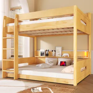 Queen over Queen Bunk Bed with Storage Shelves and USB Ports, Solid Wood Bunk Bed Frame with Bookcase Sideboard