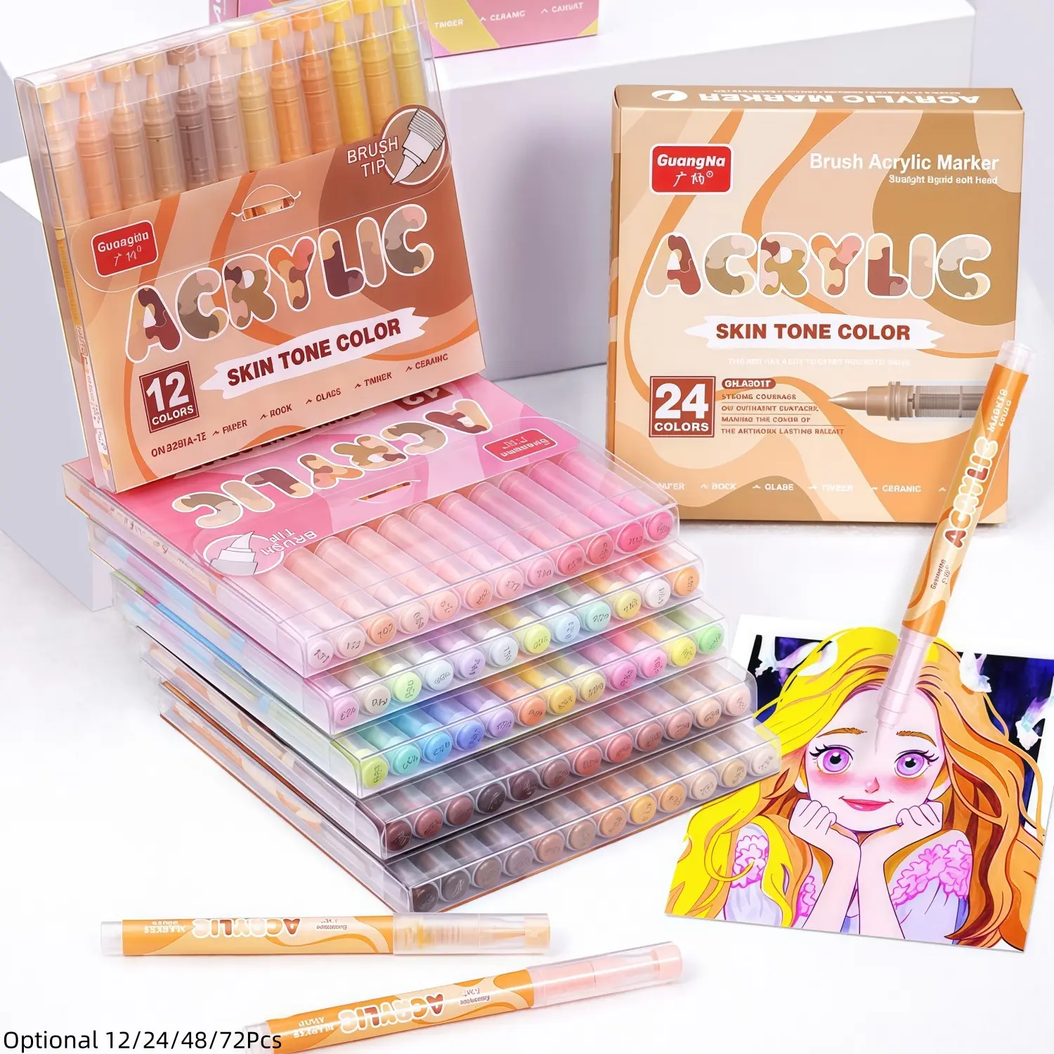Guangna Skin Tone Macaron Color Acrylic Paint Art Markers, Brush Tip Set for Paper Wood Rock Glass Plastic Metal Canvas Comic Coloring Art Supplies