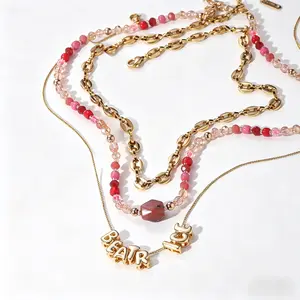 Stackable Bubble Letter Necklace Colorful Beads Crystal Natural Stone Pig Nose Chain 18K Gold Plated Stainless Steel Dopamine Y2K Vacation Beach Love Attracting Lucky Jewelry Gift for Valentine Anniversary Daily Wear