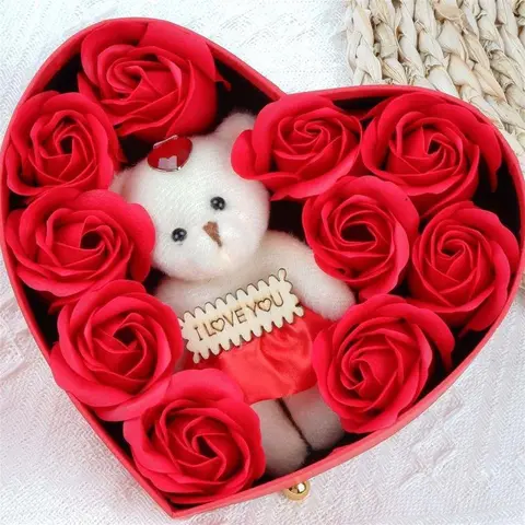 Heart-Shaped Romantic Rose Gift Box Set, Includes 10 Rose-Scented Soaps and 'I Love You' Bear Doll, Perfect for Mother's Day, Weddings and Anniversaries, Anniversary Present, Gift Idea