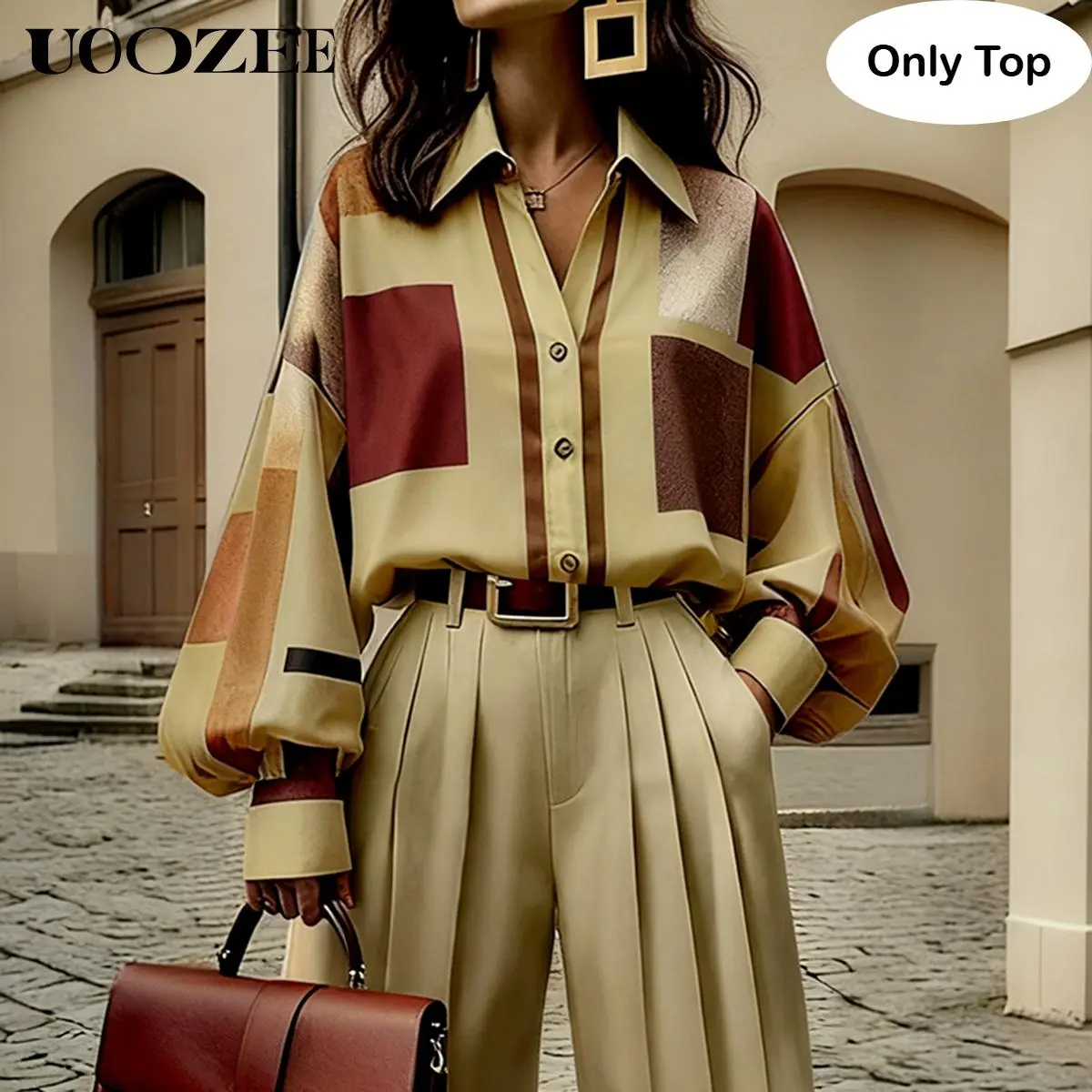 UOOZEE Women's Chic Color-Block Blouse - Retro Baggy Chunky Button-Down Shirt with Puffy Long Sleeves, Smooth Silky Fabric, Basic Layering Outfits Companion (Pairs with Pants, Belt) + Matching Tank Top Option
