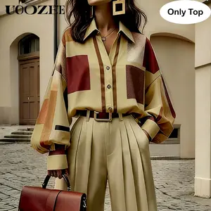 UOOZEE Women's Silky Smooth Drape Fabric Spring Autumn New England Vintage Contrast Color Plaid Lapel Blouse, Puff-Sleeve Loose Buttoned Stylish Top for Office & Brunch Chic (Matching Belt Bag Excluded)