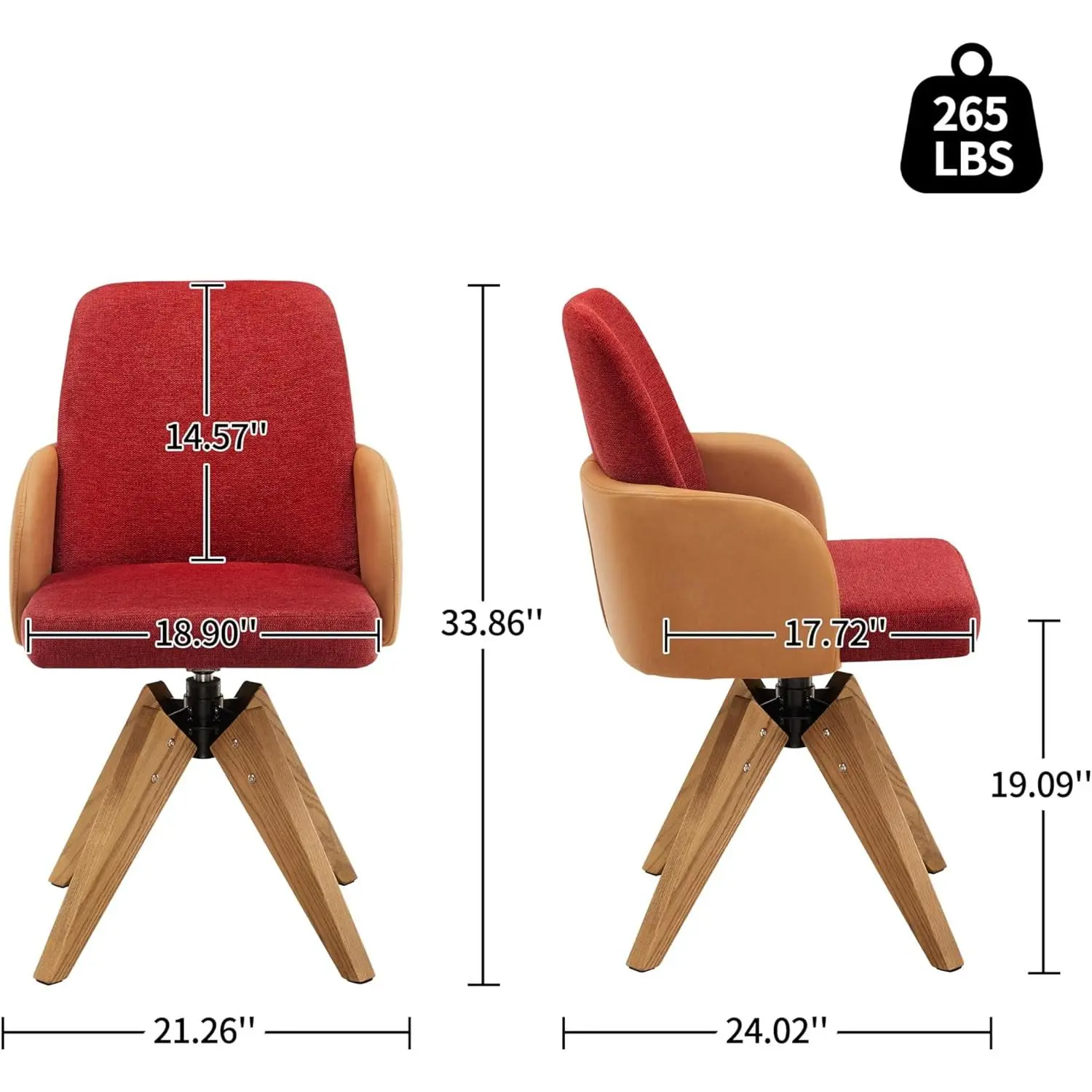 Art Leon Swivel Accent Chair, Modern Desk Chair No Wheels, Fabric Upholstered Armchair with Oak Wood Legs for Living Room Bedroom Home Office, Red