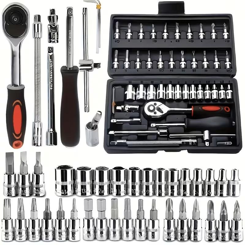 High-quality 46-piece set of tools, suitable for car and bicycle maintenance. Includes a set of standard drive deep wrenches, automotive component repair ratchet wrenches, and various other automotive tools. Can be used as a Christmas gift.