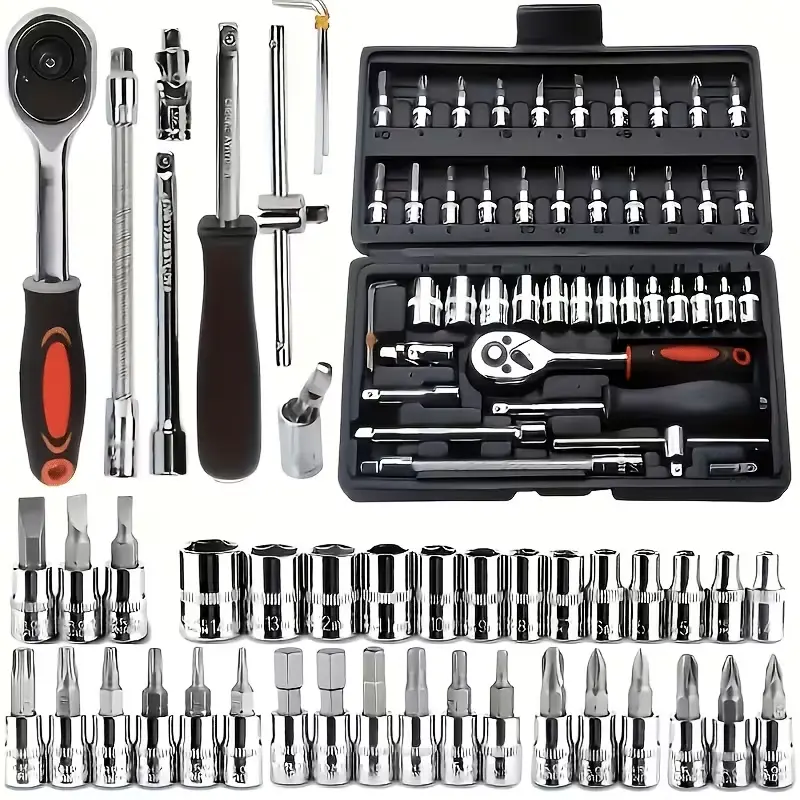High-quality 46-piece set of tools, suitable for car and bicycle maintenance. Includes a set of standard drive deep wrenches, automotive component repair ratchet wrenches, and various other automotive tools. Can be used as a Christmas gift.