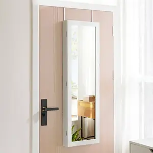 Over the Door Mirror with Jewelry Storage, 47" Full-Length LED Mirror Cabinet, Hangs on Door or Wall, 75 Earring Slots & 2 Drawers for Bedroom Bath