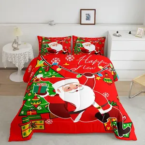 Red Green Christmas Bed Comforter Set,Santa Claus Decorations Luxury Bedding Set,New Year Present Comforter,Christmas Trees Designer Bedding Sets