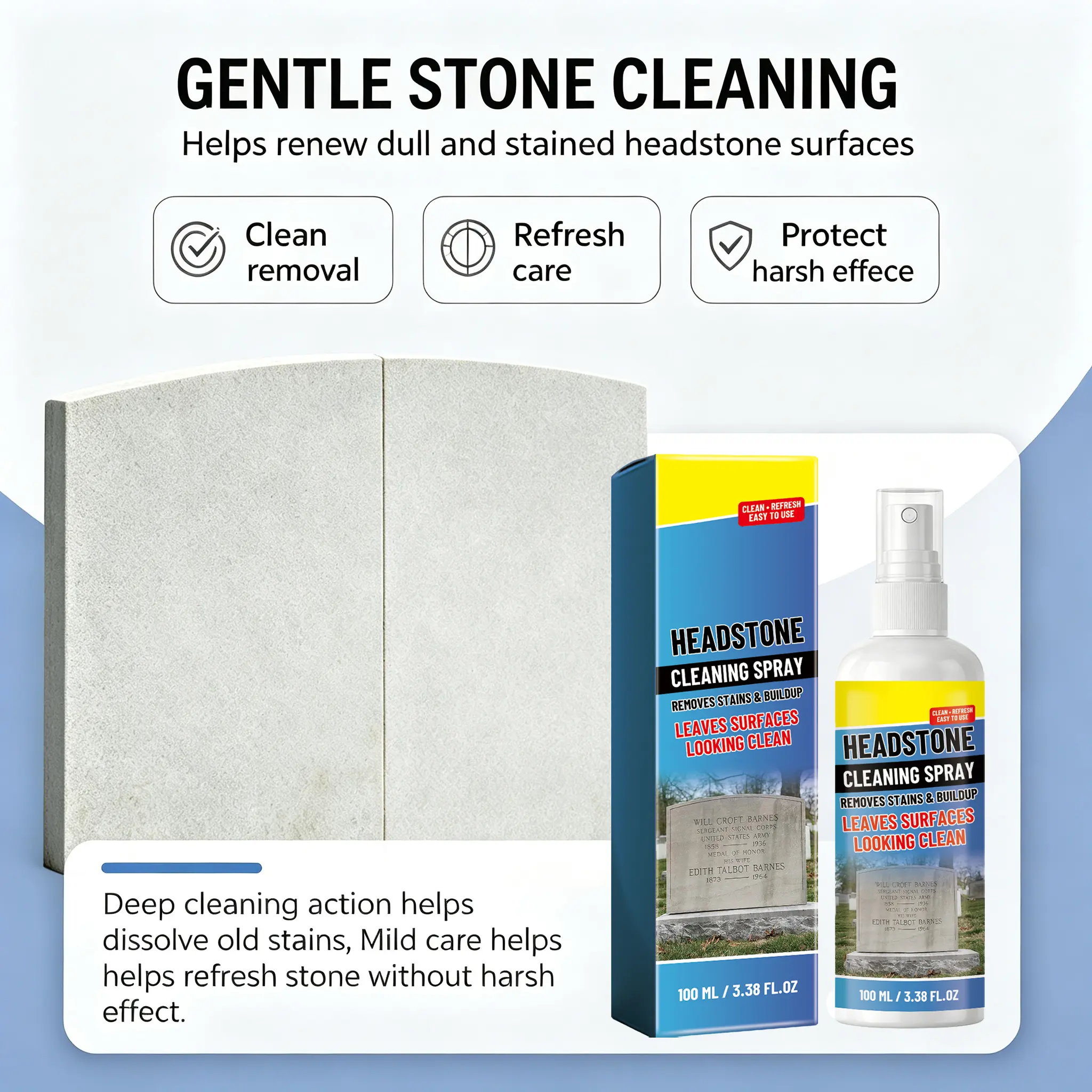 Headstone Cleaning Spray, Tombstone Surface Stain Remover, Gentle Cleaner for Gravestone Stone Surfaces, Remove Dirt, Grime & Residue, Easy‑to‑Use Outdoor Stone Cleaning Solution, 100ml