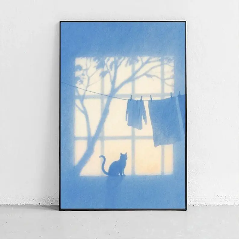 Blue Cat Window Poster, Cyanotype Silhouette Art, Cozy Room Decor, Minimalist Laundry Shadow Print, Peaceful Japandi Aesthetic