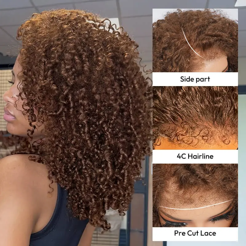 Asteria Hair Pixie Curly Chestnut Brown Color 4C Hairline Glueless 5×7 Lace Closure Human Hair Wigs Side Part Style Pre Cut Lace Ready To Go Wigs