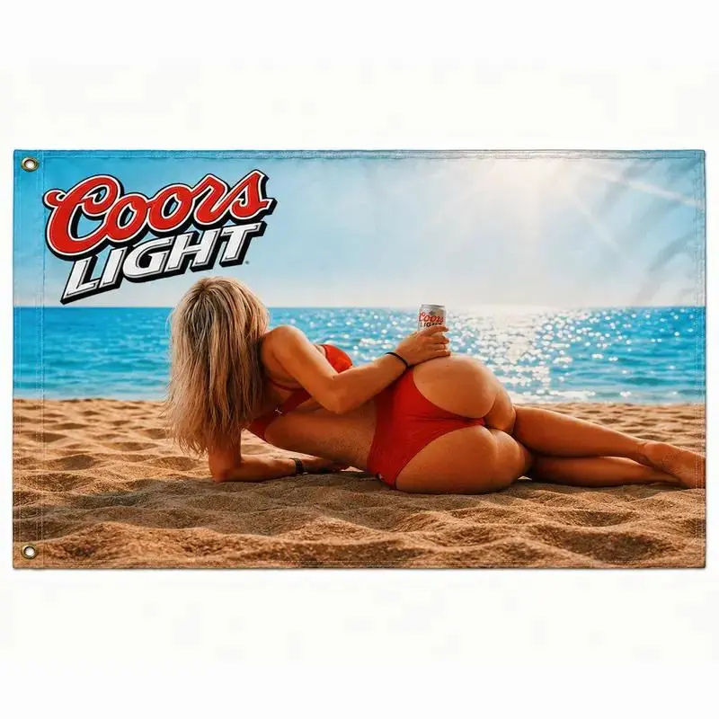 Coors Beach Girl Flag, Summer Poster Banner with Blonde Bikini Woman Artwork, Retro Bar Decor for Man Cave, Garage, Beach House, Pool Room, Party Space