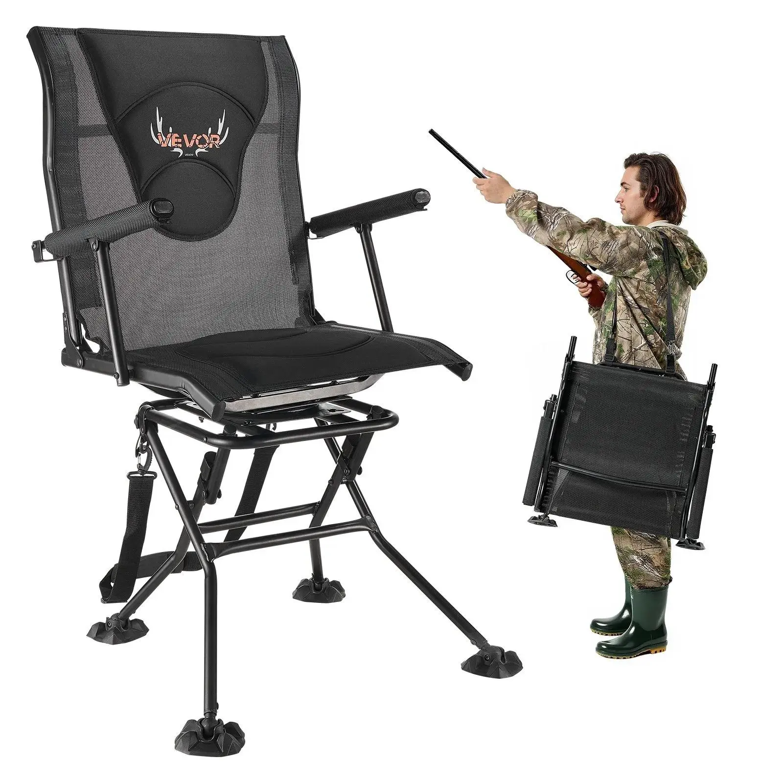 【Summerfinds】VEVOR Hunting Chair,  360° Silent Swivel, Foldable Portable Blind Chair, Heavy-Duty Steel Frame Ground Stool Seat, with Armrests, Adjustable Carry Strap, Anti-Sink Feet, 300 Lbs Capacity for Fishing