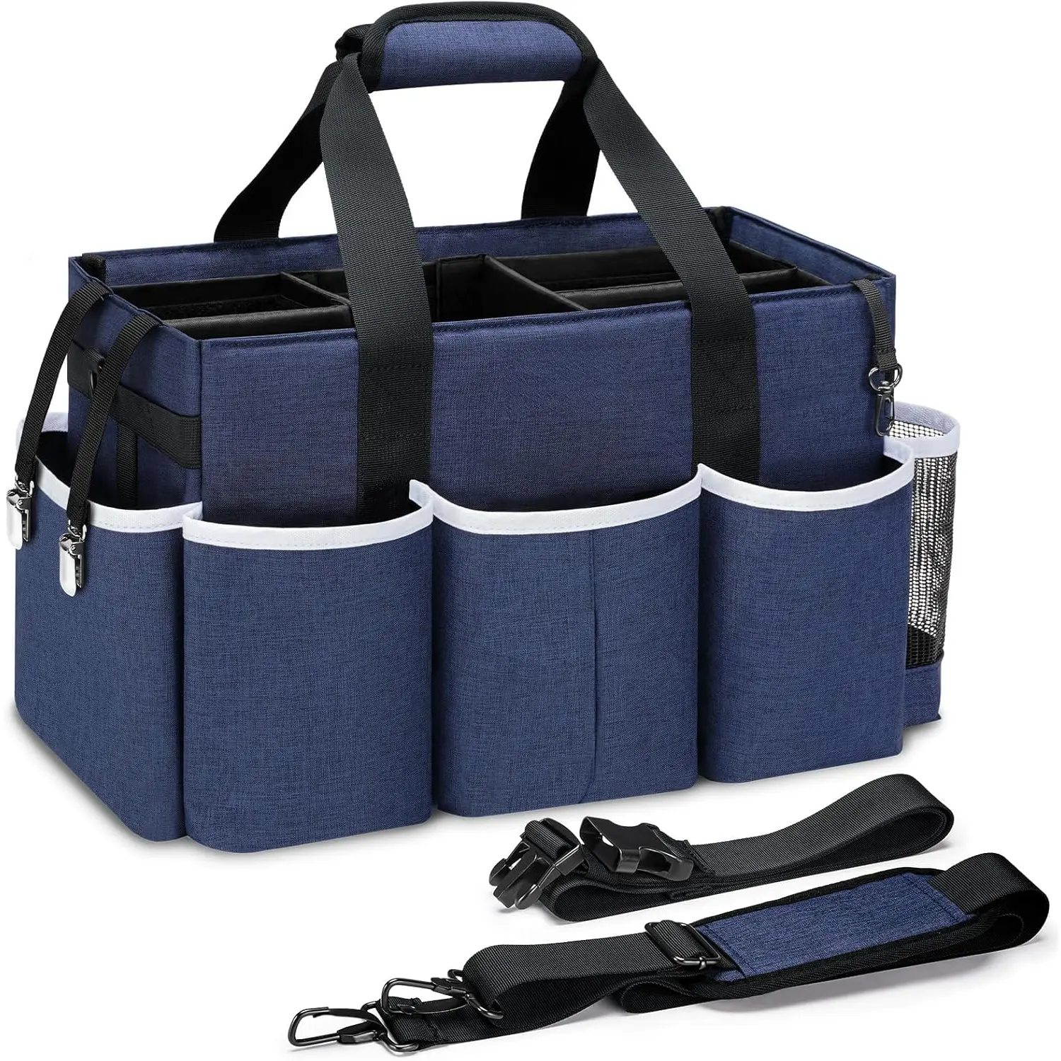 Wearable Cleaning  Bag, Large Cleaning Supplies Organizer with 4 Foldable Dividers, Kitchen  Organizer with Handle & Adjustable  Straps for Cleaners & Housekeeper, Blue