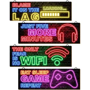 4 count Neon Gaming Decor for Boys Room Wooden Video  Wall Art Motivational Quote Gamer Hanging Plaques Inspirational Wall Decor for Boys  Room Bedroom Playroom Decorations